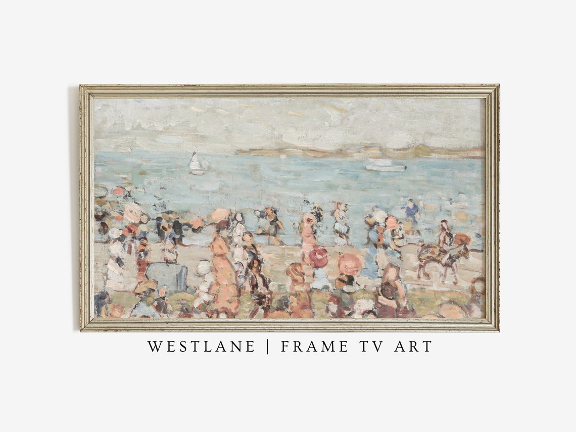 Vintage Impressionist Beach Crowd Pastel Summer Scene Wall Art
