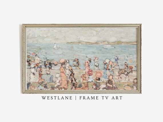 Vintage Impressionist Beach Crowd Pastel Summer Scene Wall Art