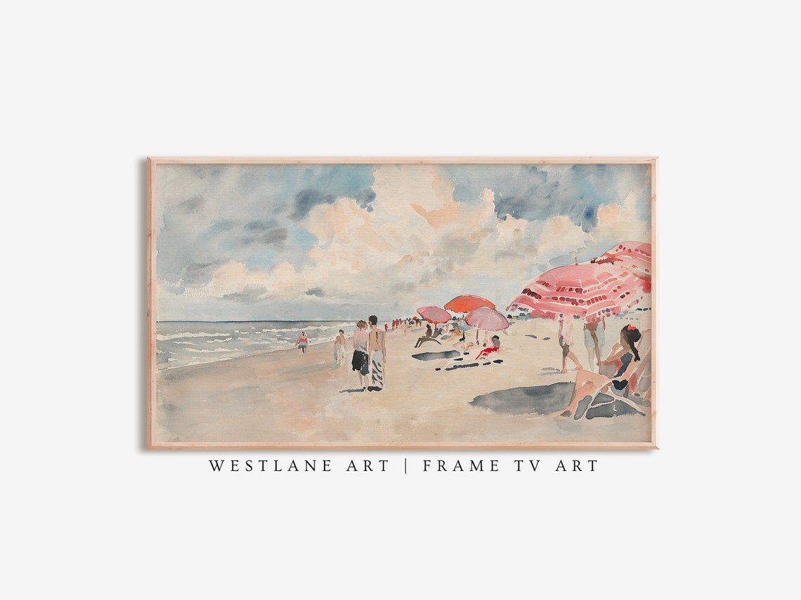Sunny Beach Day Watercolor Pink Umbrellas Summer Crowd Scene Poster