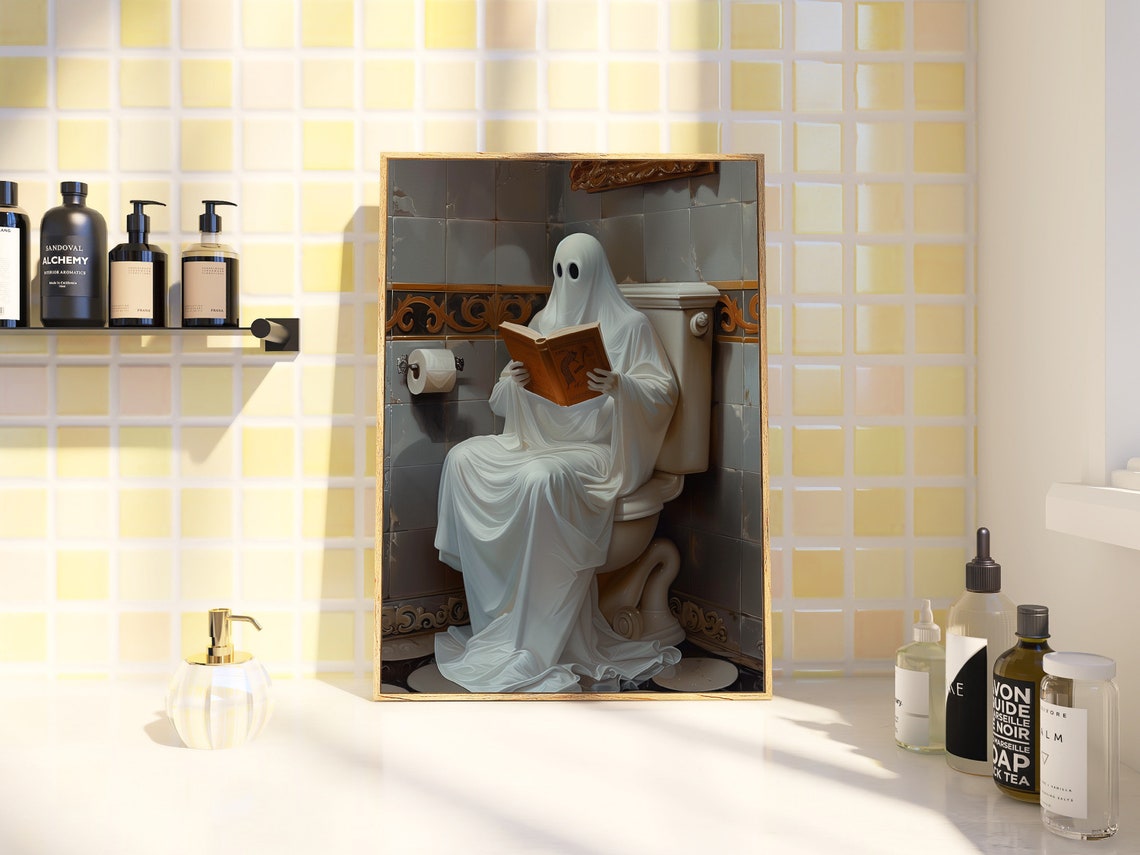 Funny Ghost Reading Book On Toilet Whimsigoth Bathroom Poster - Image 2