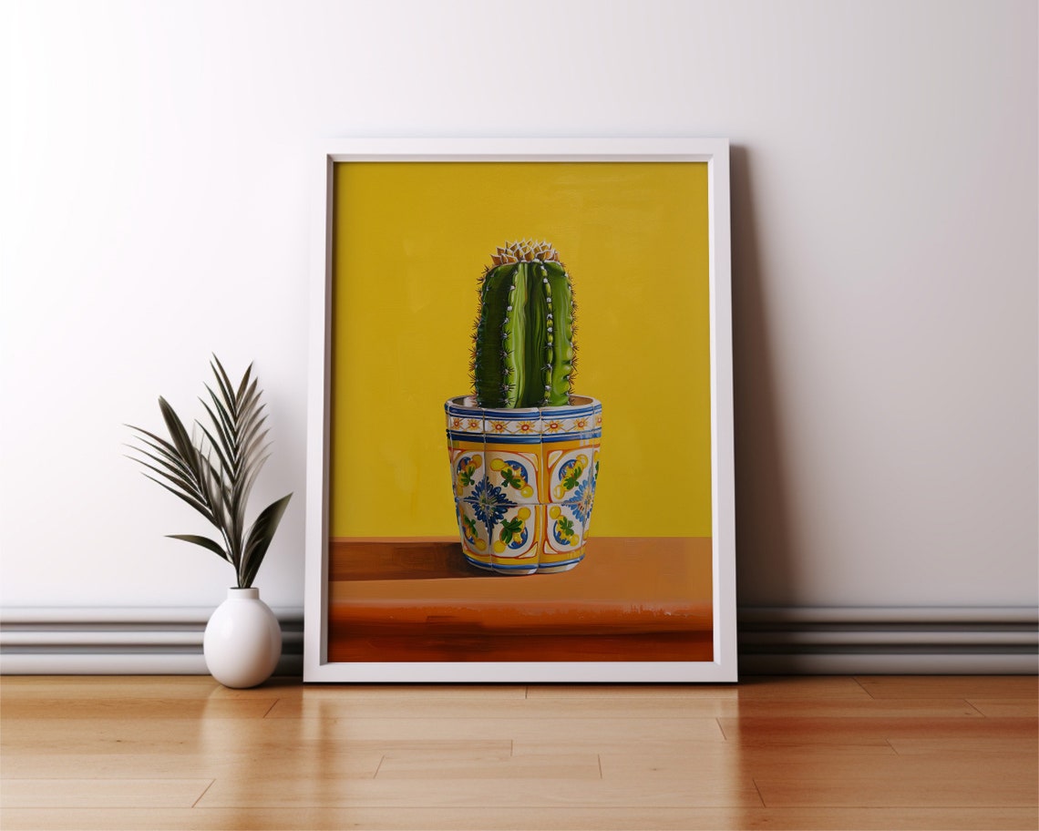 Green Cactus in Decorative Sicilian Tile Pot Bold Yellow Art Poster - Image 2
