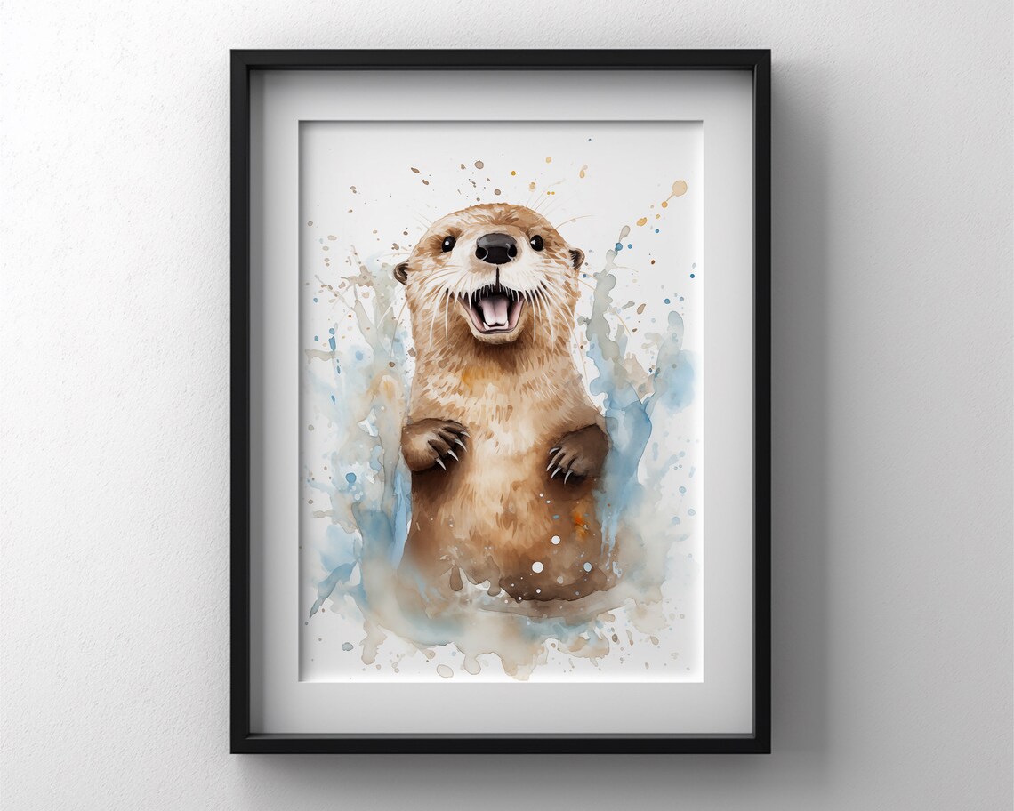 Happy Otter Watercolor Splash Cute Blue Brown Animal Art Poster - Image 2