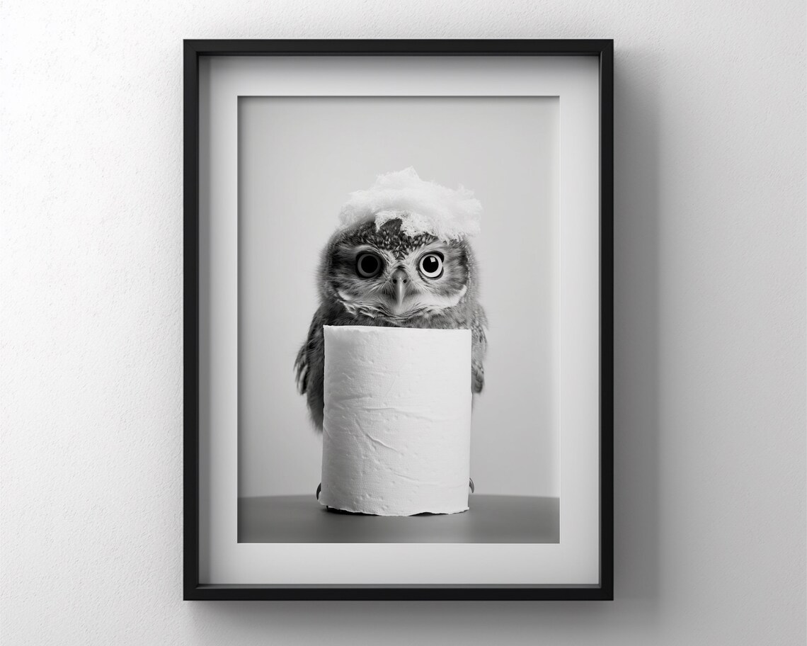 Owl Bathroom Wall Art Print, Black and White Decor - Image 3