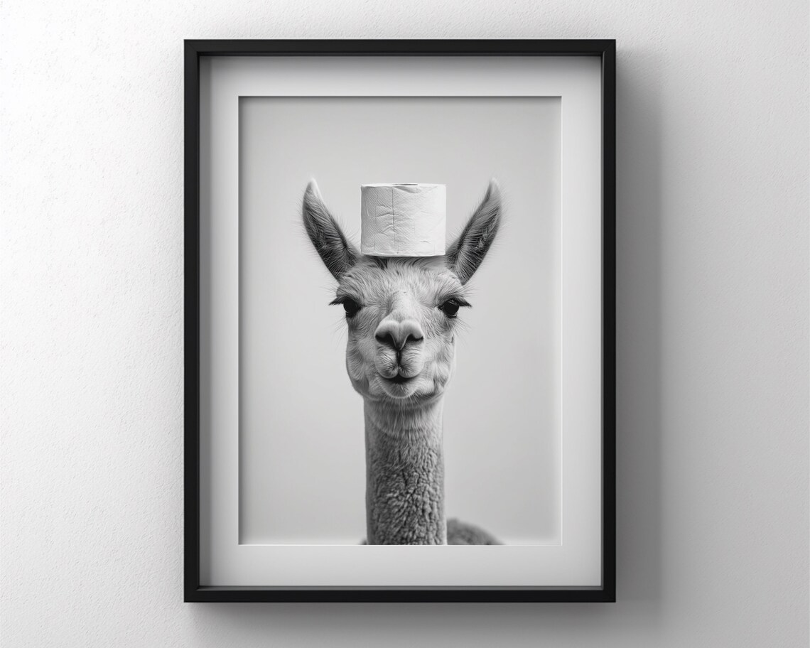 Vicuna Animal Bathroom Art Print, Black And White