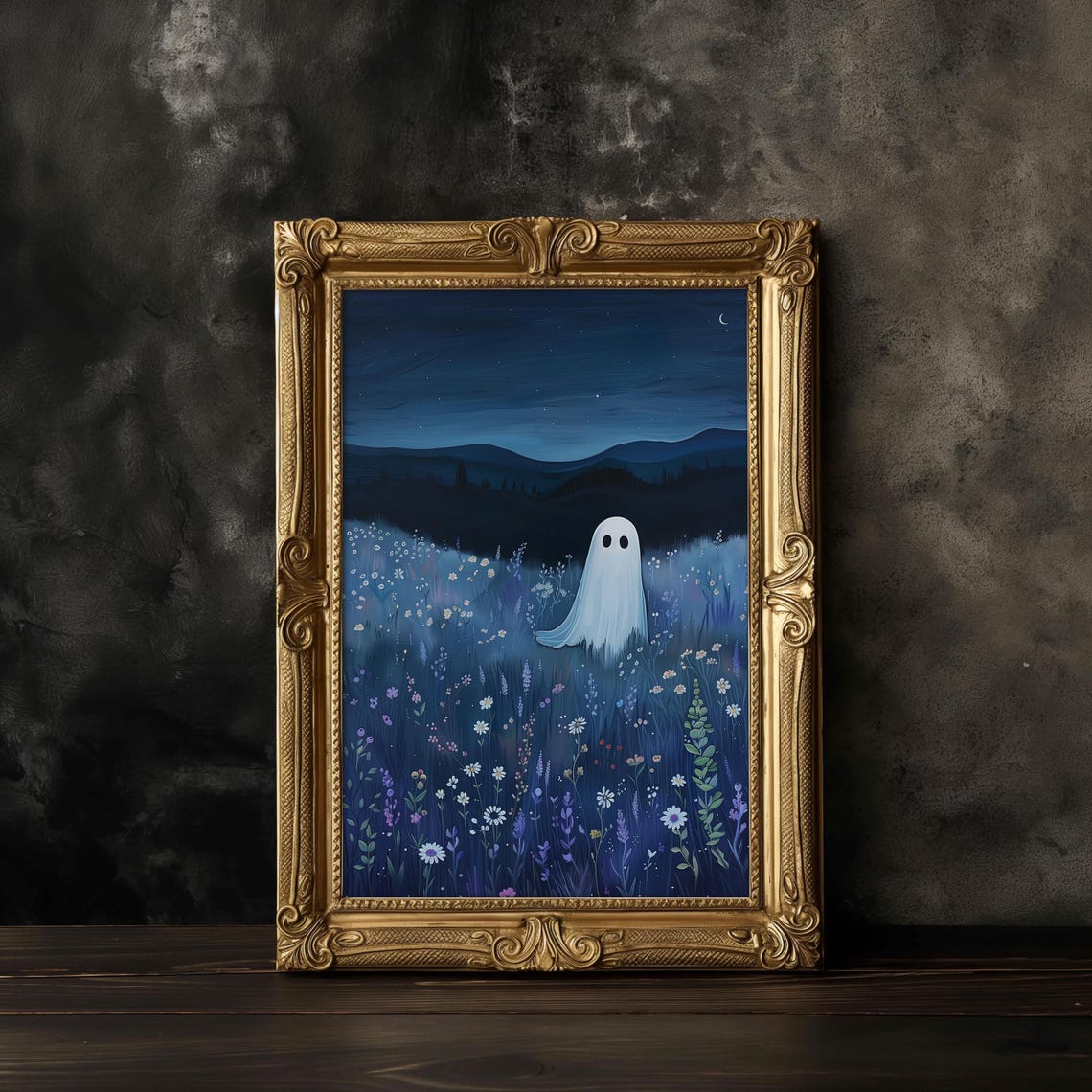 Cute Ghost In Starry Night Wildflower Meadow Halloween Poster - Image 3