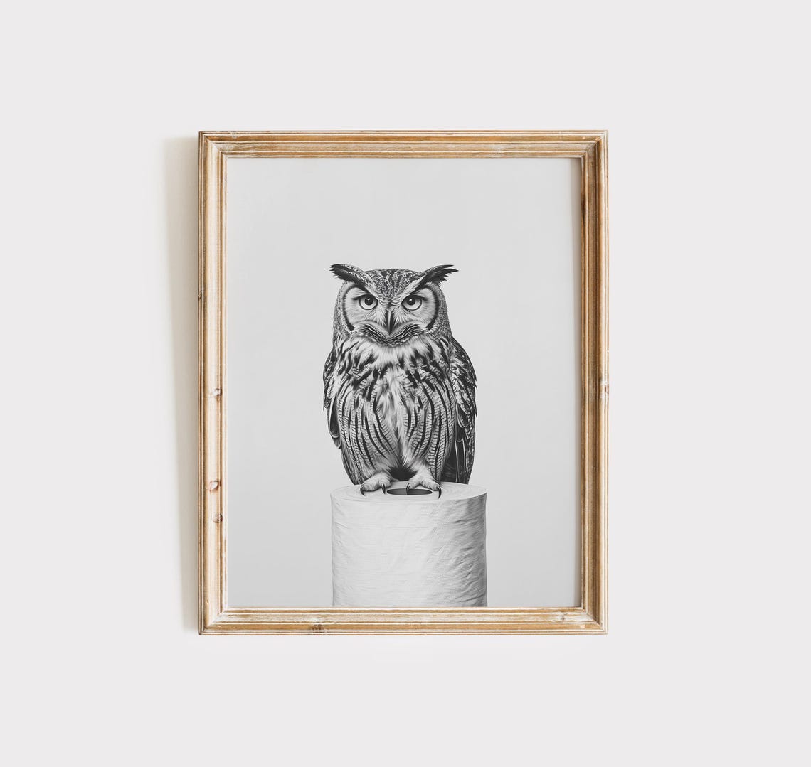 Great Horned Owl Perched On Toilet Paper Roll Bathroom Poster