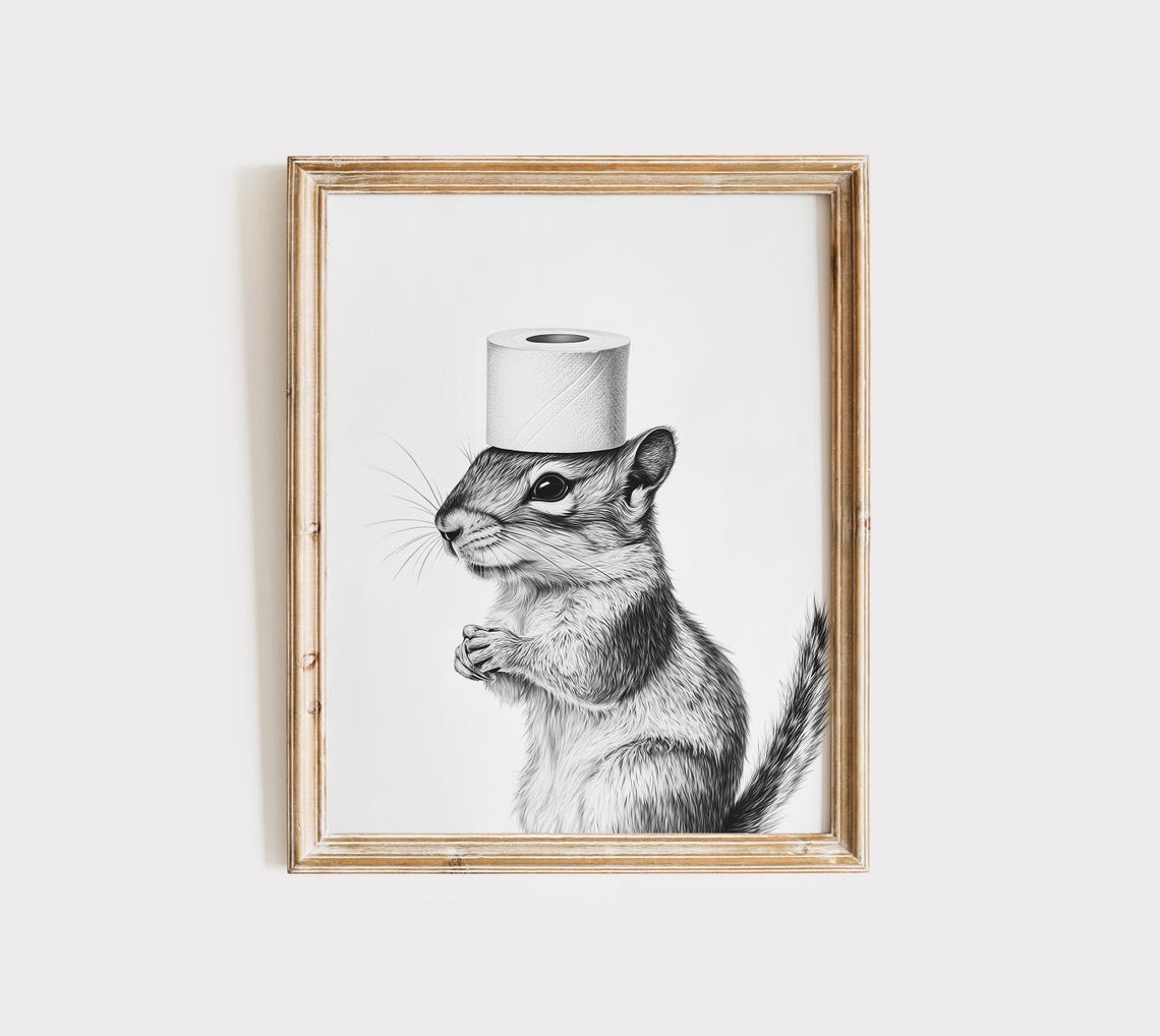 Squirrel Toilet Paper Roll Hat Cute Black White Sketch Funny Poster