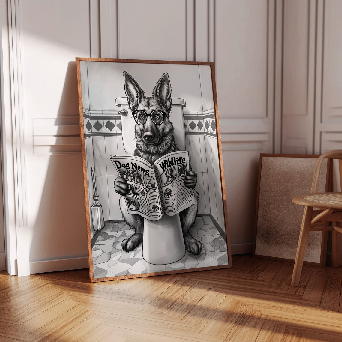 German Shepherd Glasses Reading Dog News Toilet Funny Bathroom Poster - Image 2