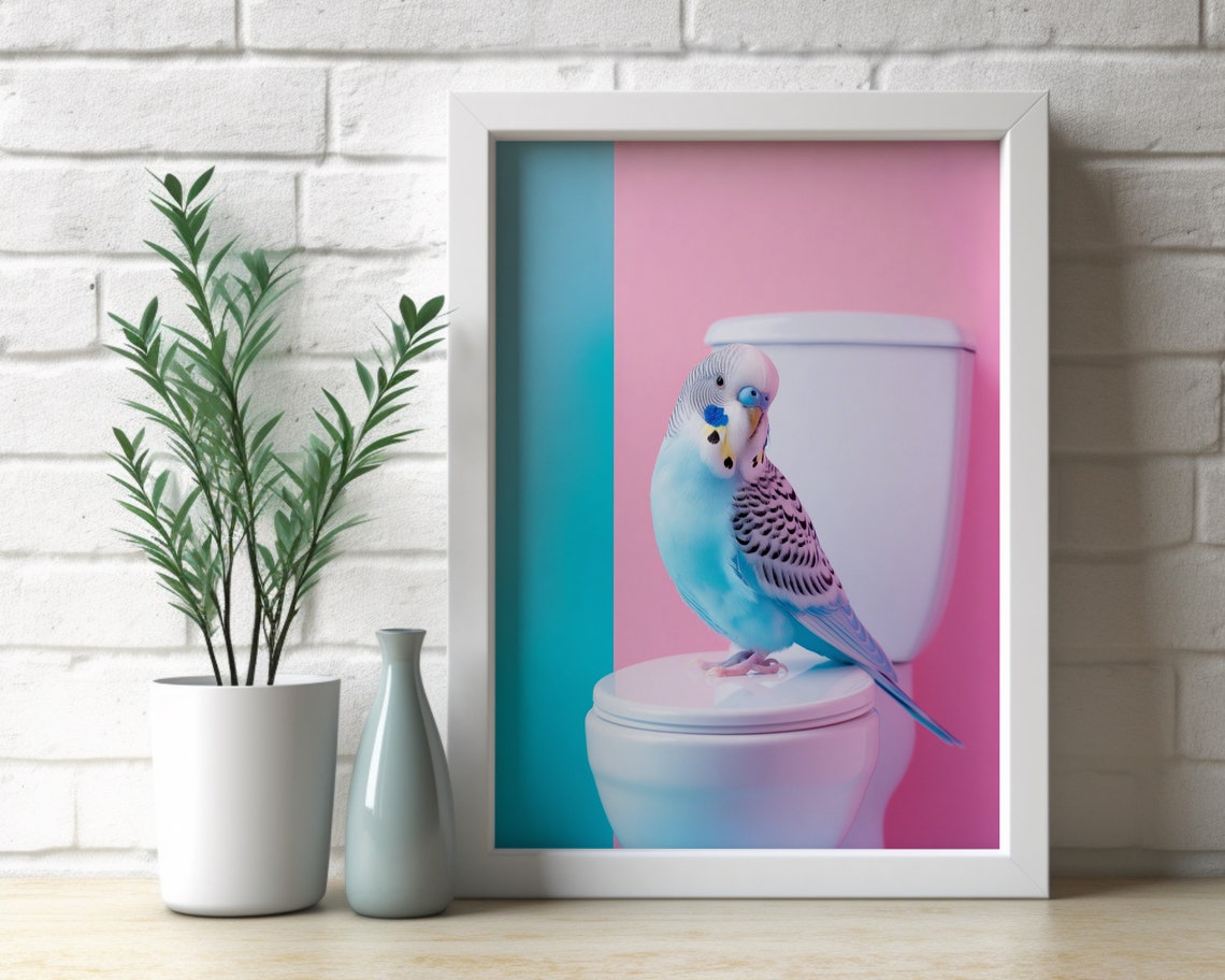 Blue Budgie Parakeet Perched on Toilet Pink and Teal Bathroom Poster - Image 3