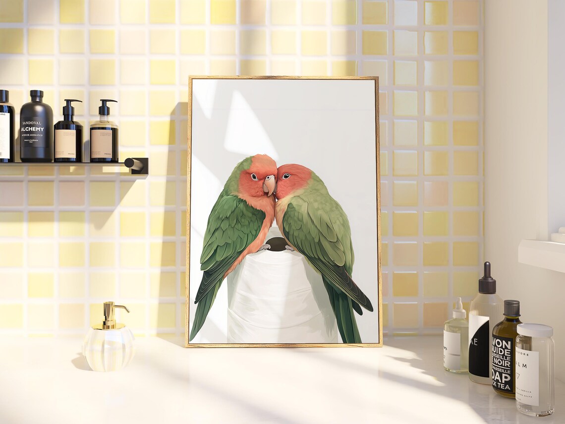 Lovebirds Poster, Cute Animal Bathroom Wall Art - Image 2