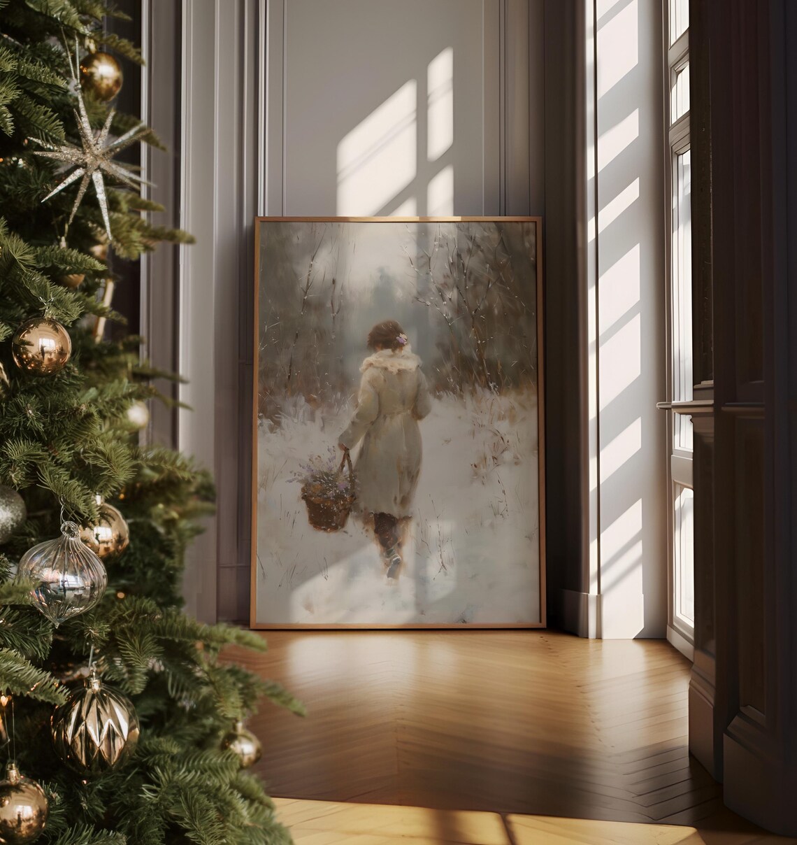 Woman Carrying Basket Walking Through Snowy Winter Forest Painting Print - Image 2