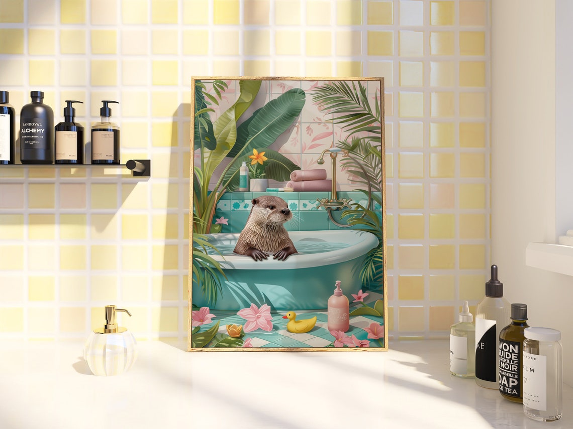Otter In Tropical Bathtub Maximalist Bathroom Funny Animal Wall Poster - Image 3