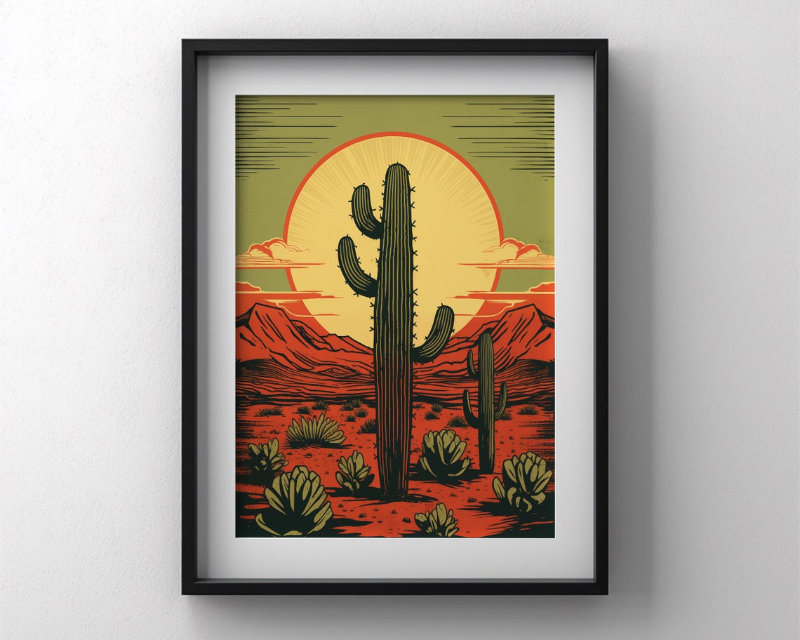Retro Saguaro Cactus Sunset Desert Vintage Western Landscape Poster - Image 3