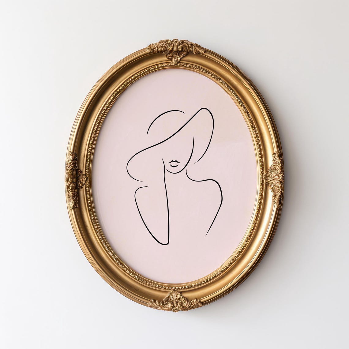 Elegant Minimalist One Line Art Woman with Hat on Blush Pink Poster - Image 3