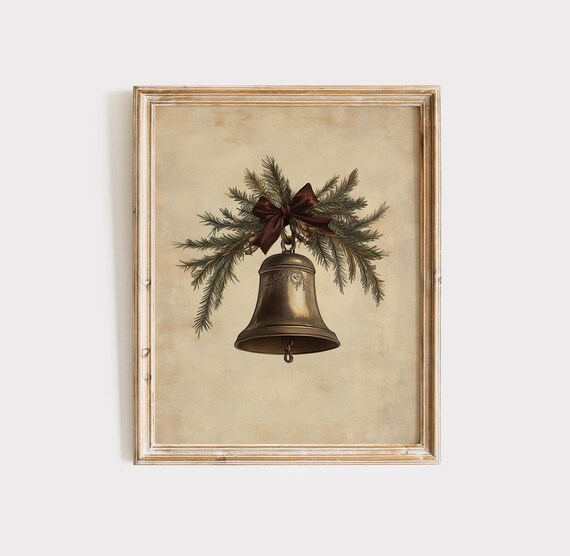 Vintage Bronze Bell with Pine and Burgundy Ribbon Christmas Poster