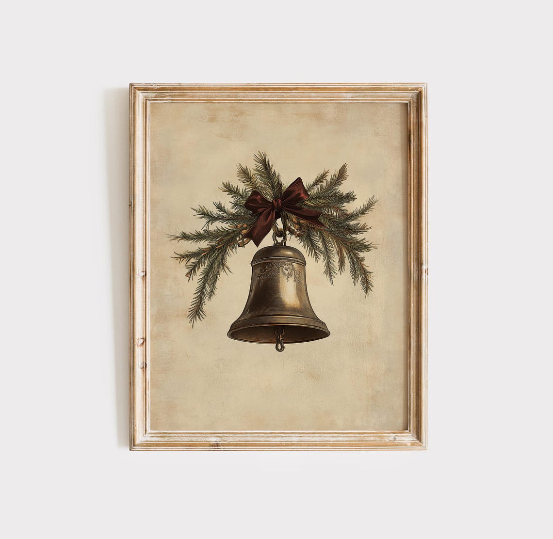 Vintage Bronze Bell with Pine and Burgundy Ribbon Christmas Poster