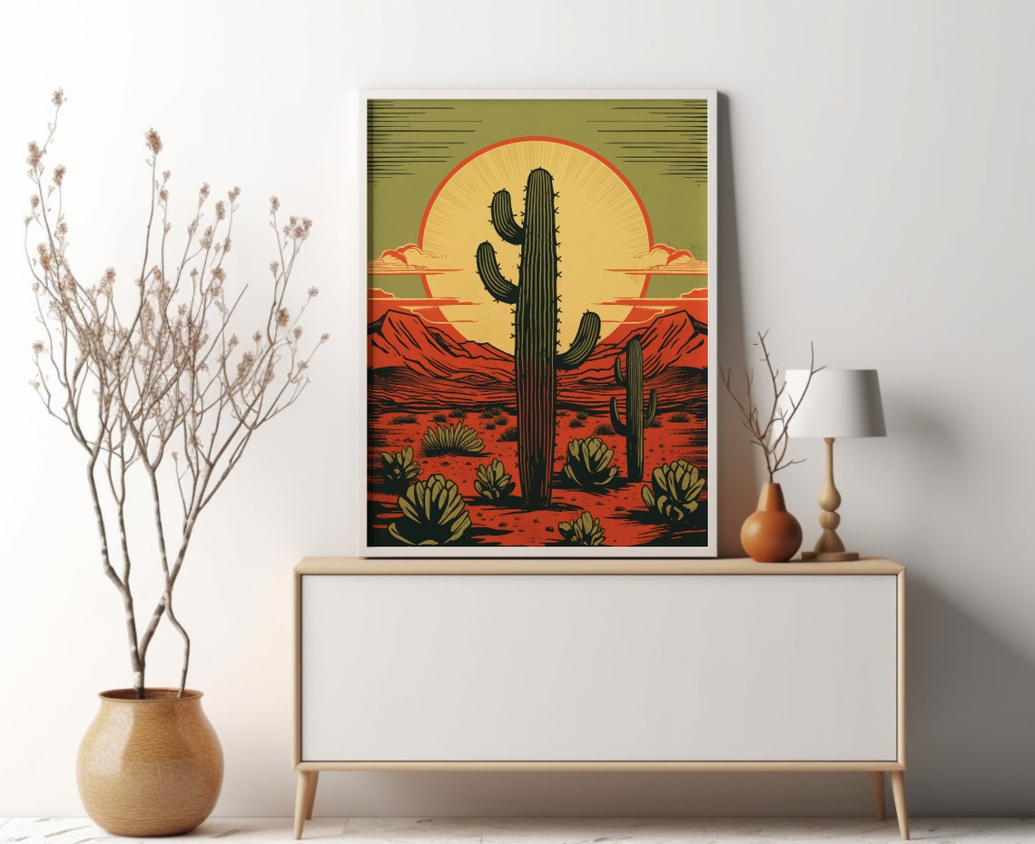 Retro Saguaro Cactus Sunset Desert Vintage Western Landscape Poster - Image 2