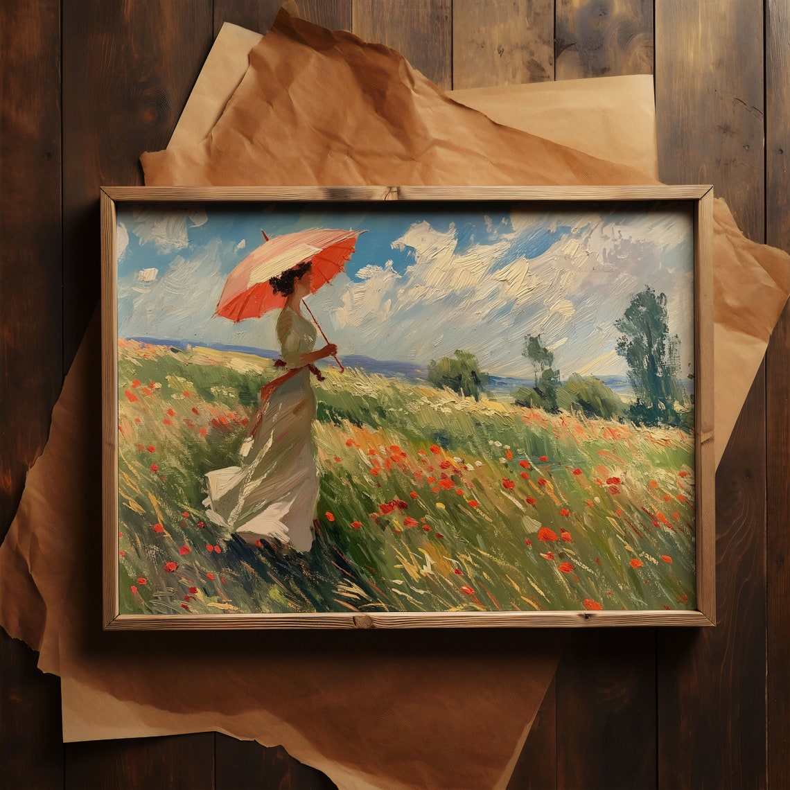 Impressionism Print Farm Decor Umbrella Woman Art Countryside Wall Decor Wildflower Mural Landscape Oil Painting Country Field Art - Image 3
