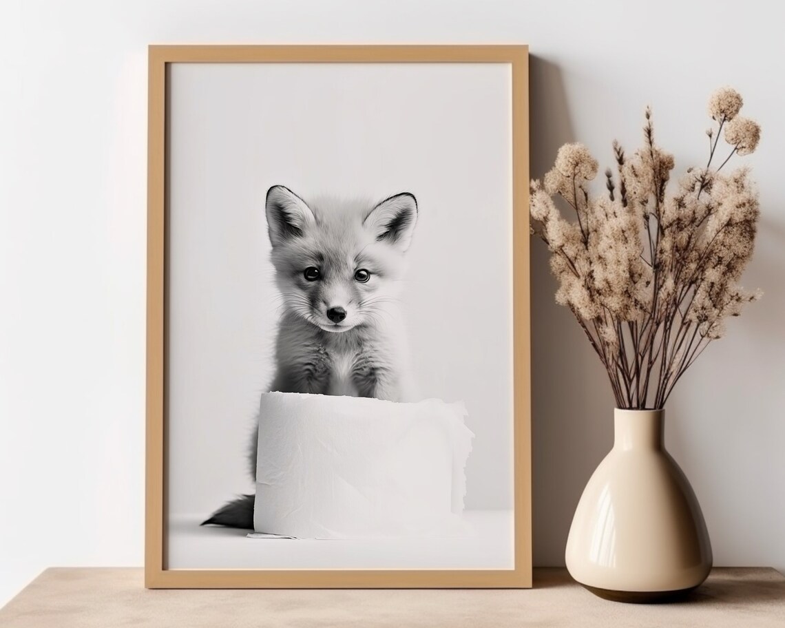 Baby Fox Kit Toilet Paper Roll Peek Cute Black White Funny Poster - Image 2