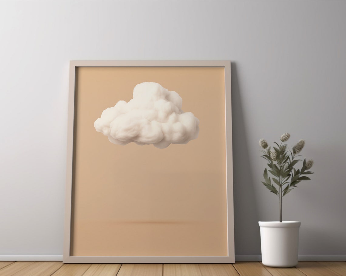 Floating White Cloud on Soft Beige Sky Minimalist Modern Art Print - Image 2