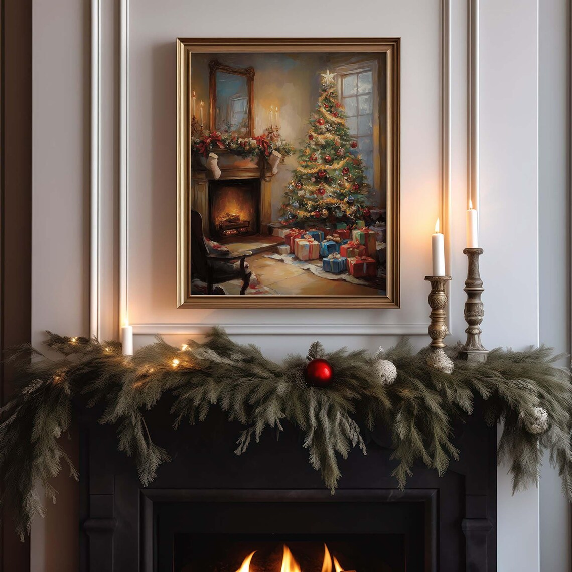 Cozy Christmas Living Room Fireplace Tree And Gifts Painting Wall Poster - Image 2