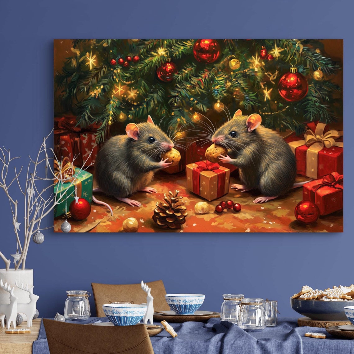Two Cute Christmas Mice Cookies Under Tree Holiday Whimsical Art Print