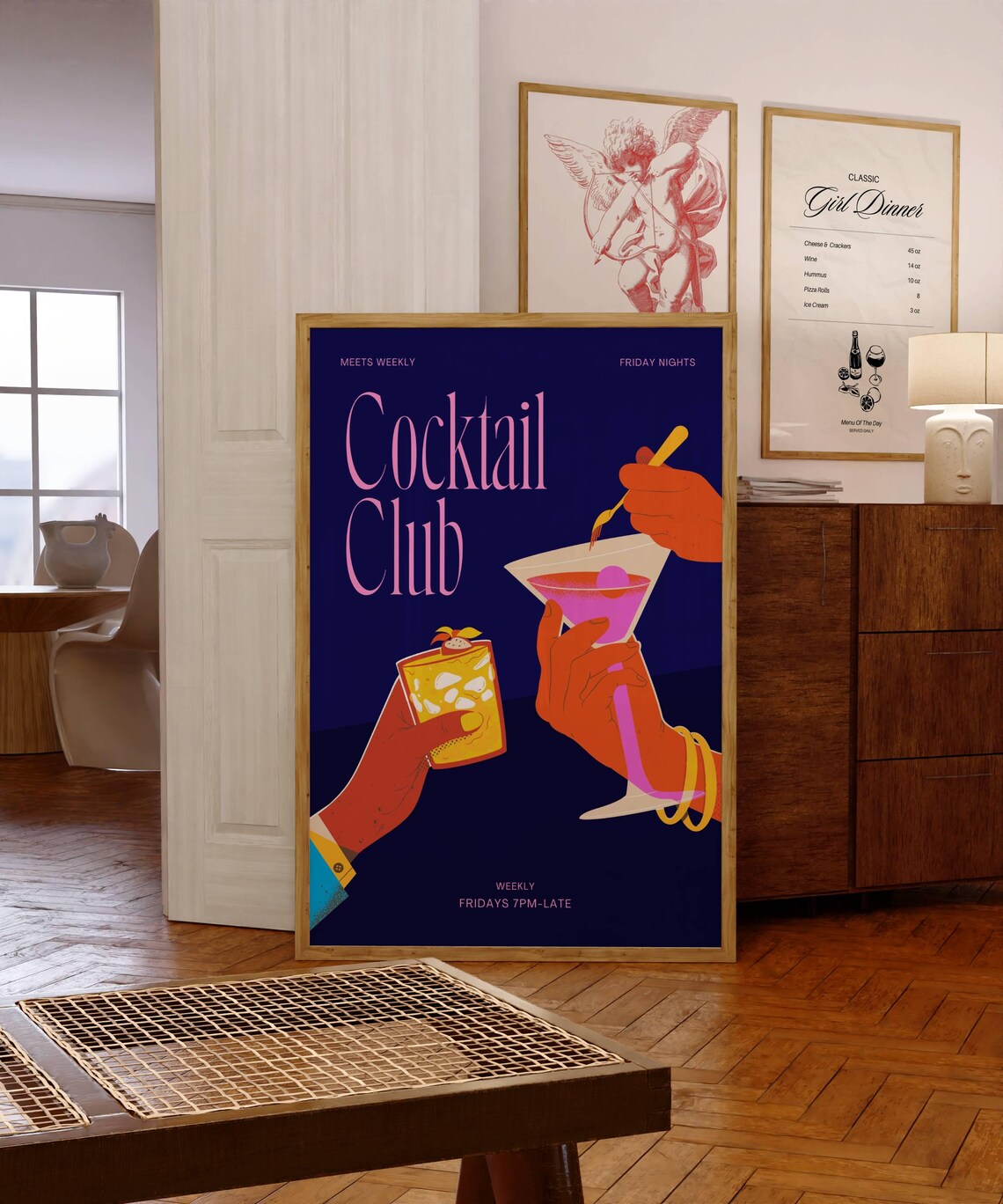 Cocktail Club Friday Nights Retro Bar Cart Wall Art for Parties