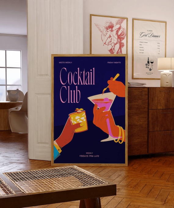 Cocktail Club Friday Nights Retro Bar Cart Wall Art for Parties