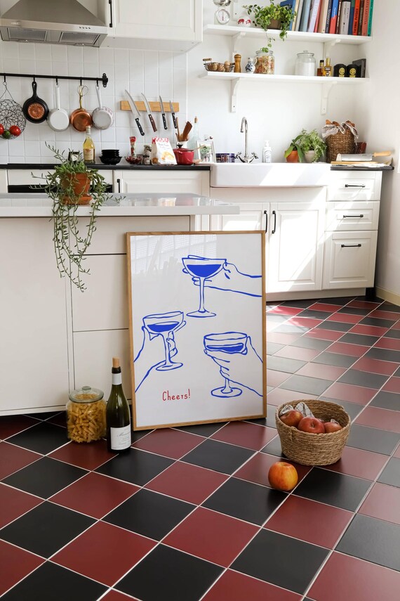 Cheers Fun Blue Line Art Cocktail Hands Minimalist Bar Cart Poster