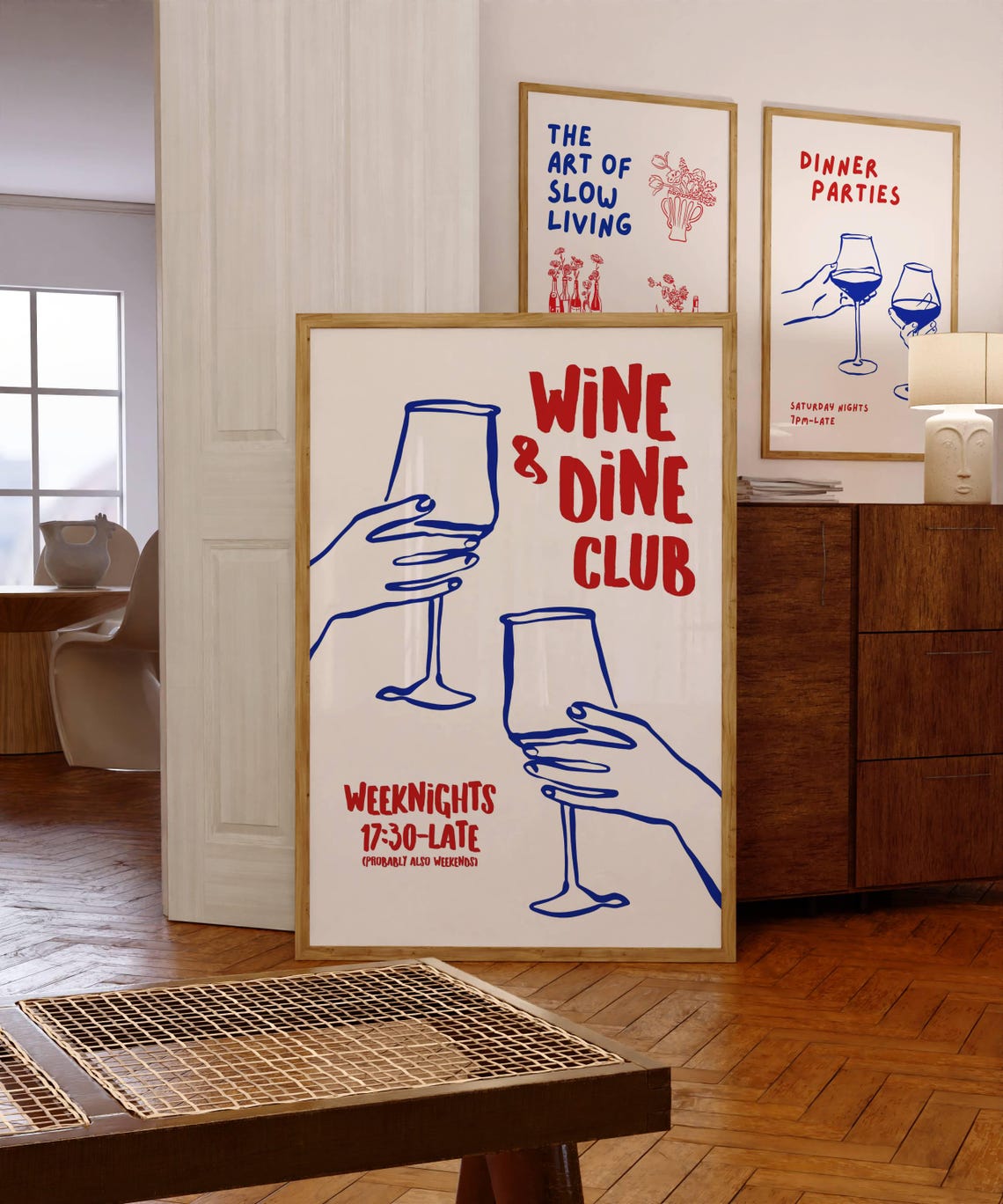 Wine and Dine Club Fun Modern Kitchen Line Art Bar Cart Poster - Image 5