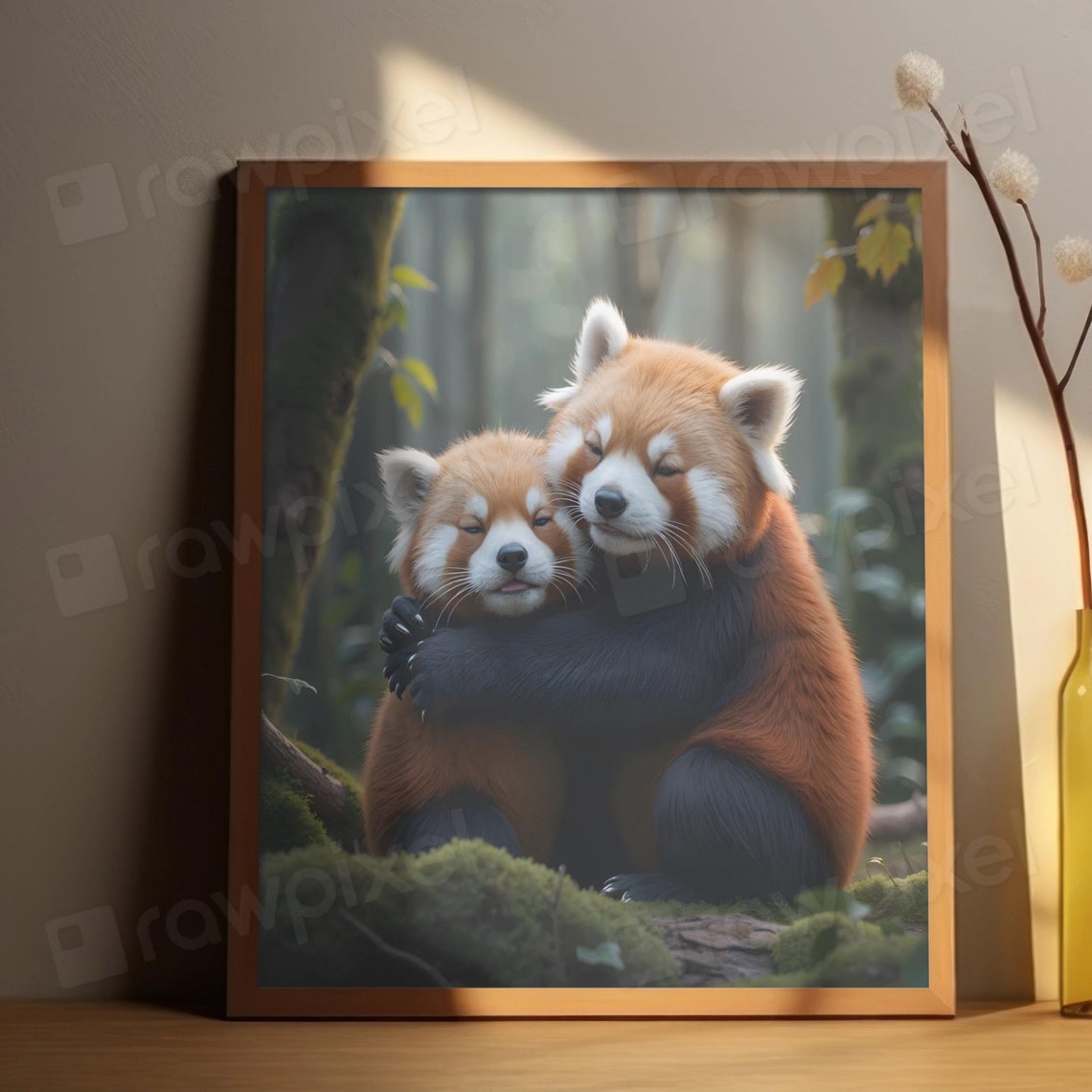 Two Fluffy Red Pandas Hugging Tenderly in a Misty Forest Poster