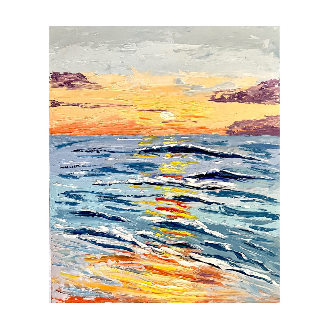 Ocean Sunset Golden Path Painting Warm Glow Waves Coastal Wall Art Print