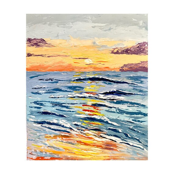 Ocean Sunset Golden Path Painting Warm Glow Waves Coastal Wall Art Print