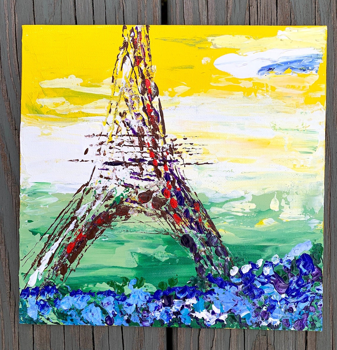Abstract Painting Paris Eiffel Tower Original Wall Art Paris Sunset Art France Painting Framed Art Travel Wall Decor Yellow Blue