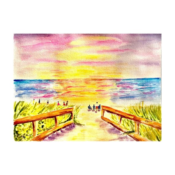 Beach Boardwalk Sunset Watercolor People Ocean Golden Path Romantic Wall Poster