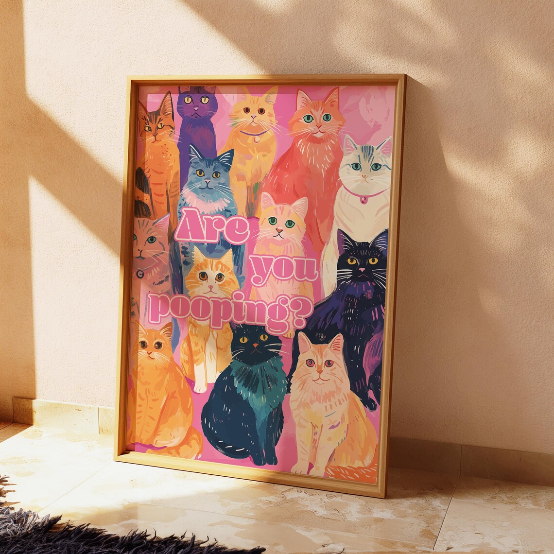 Funny Cats Asking Are You Pooping Pink Maximalist Bathroom Wall Art - Image 4
