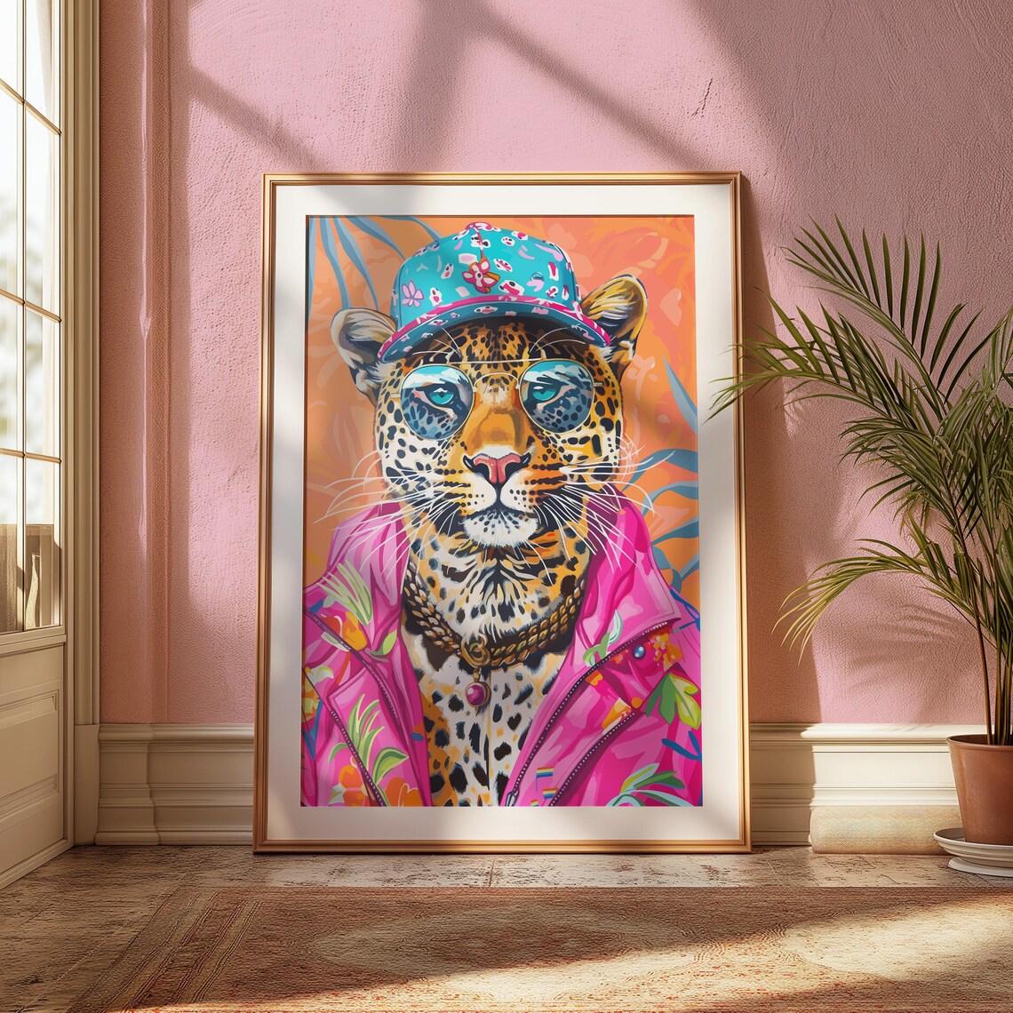 Leopard in Cap and Pink Jacket Round Glasses Trendy Funky Wall Art - Image 2