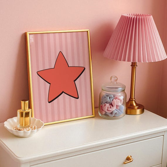 Hand Drawn Star Print Funky Y2k Wall Art Cute Preppy Poster Retro Orange And Pink Apartment