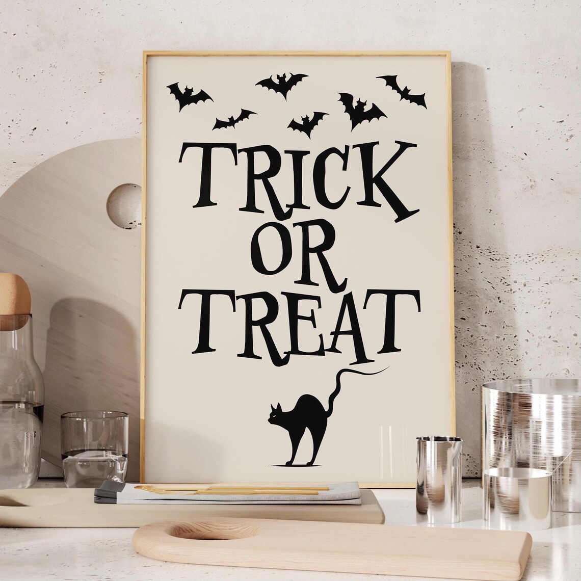 Trick Or Treat Halloween Wall Art With Bats And A Black Cat Silhouette