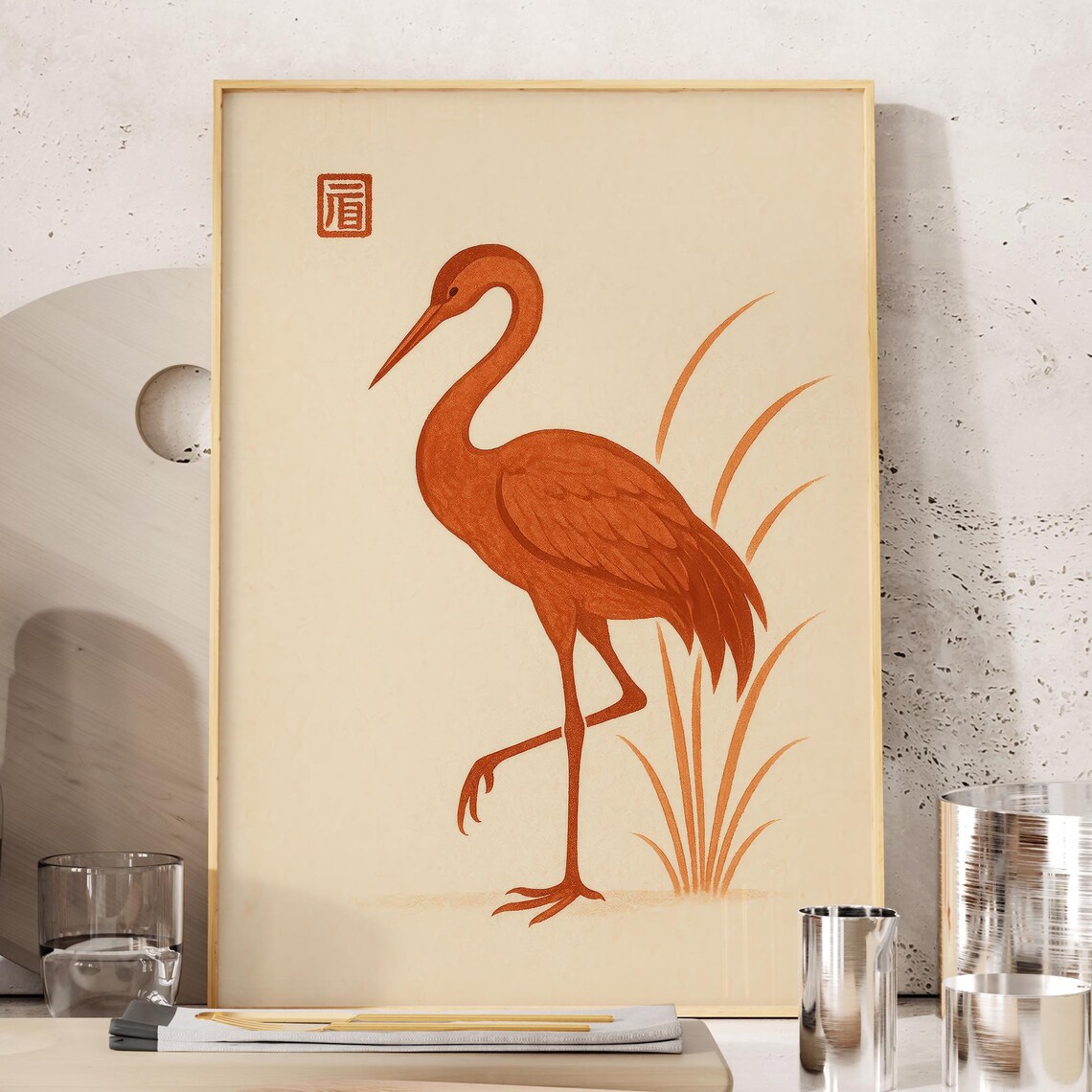 Minimalist Terracotta Japanese Crane Art Poster With A Red Hanko Seal Stamp