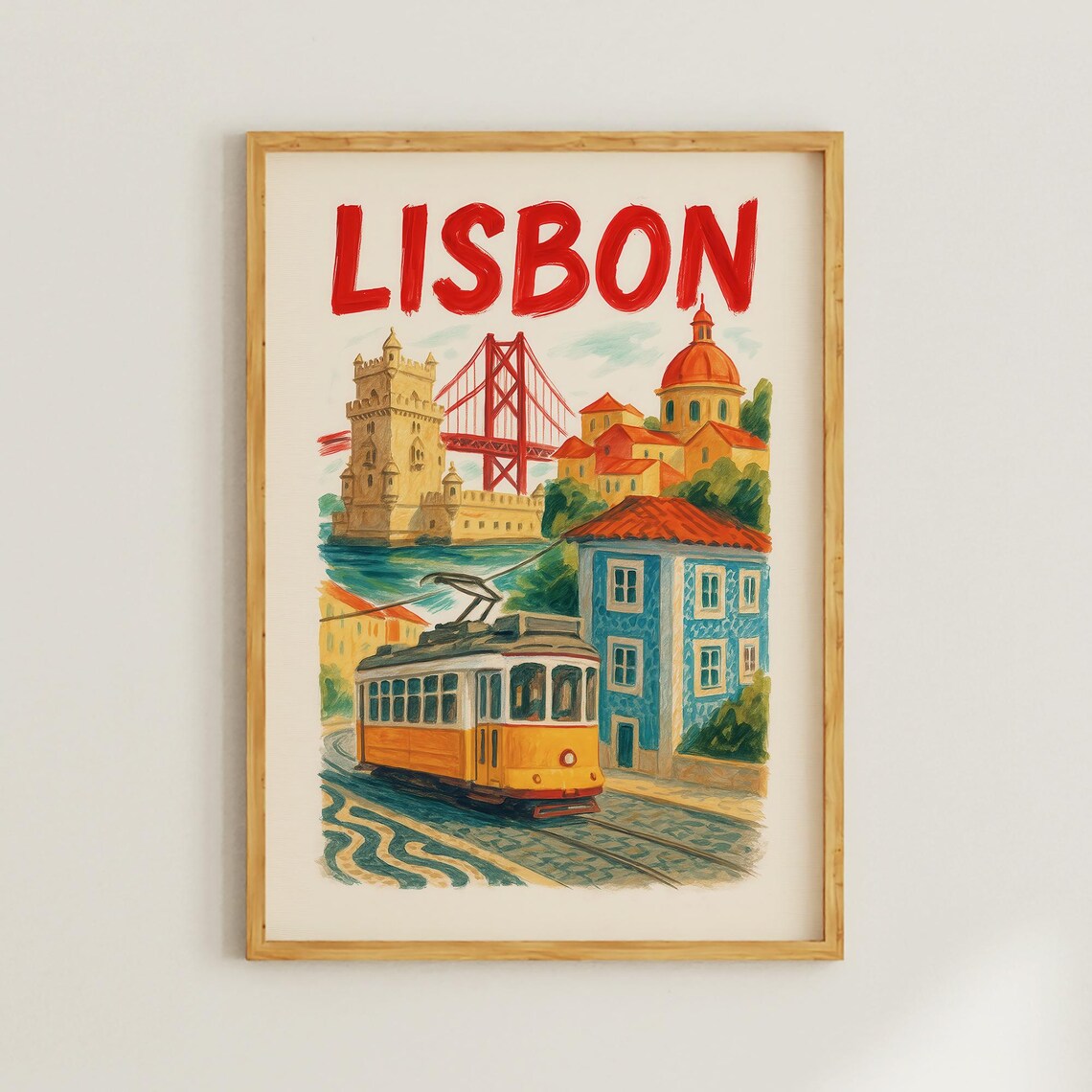 Vintage Lisbon Travel Poster With Yellow Tram Red Bridge And Belem Tower