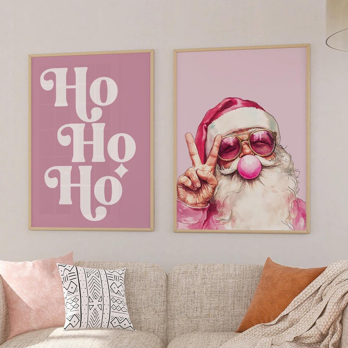 Pink Santa Ho Ho Ho Retro Bubblegum Santa Christmas Duo Wall Art