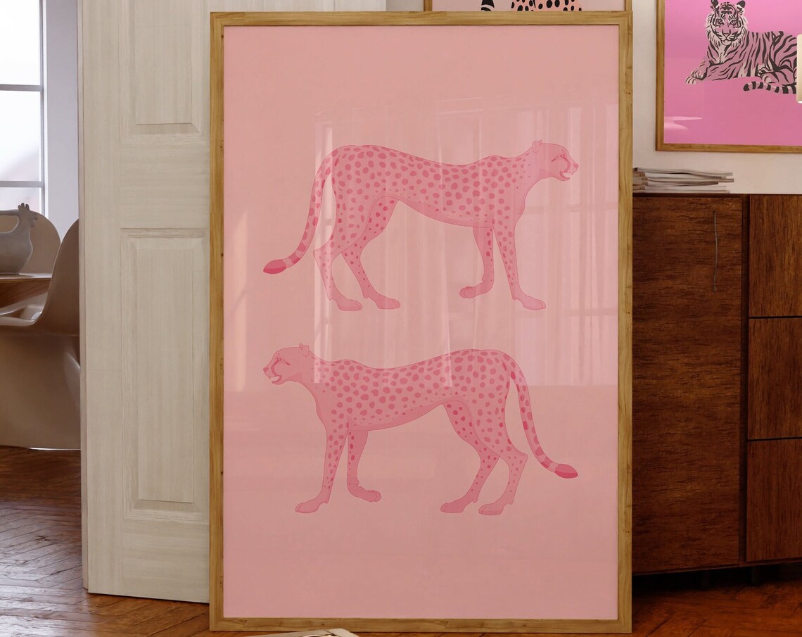 Twin Pink Cheetahs Walking Blush Background Preppy Animal Poster