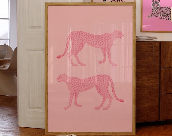 Twin Pink Cheetahs Walking Blush Background Preppy Animal Poster