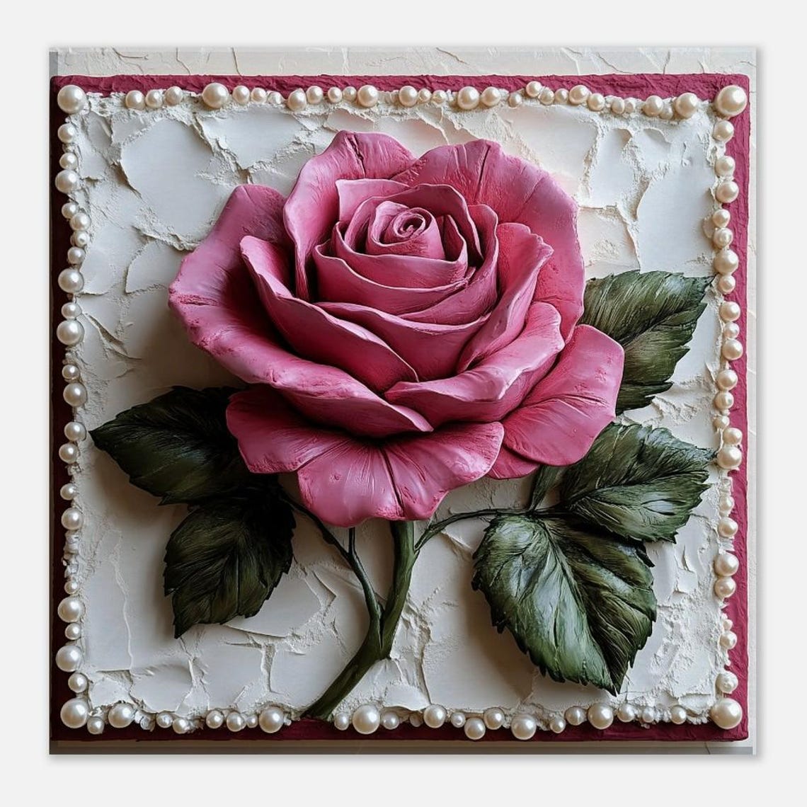 Pink Rose 3D Textured Sculptural Floral With Pearls Art Print - Image 3