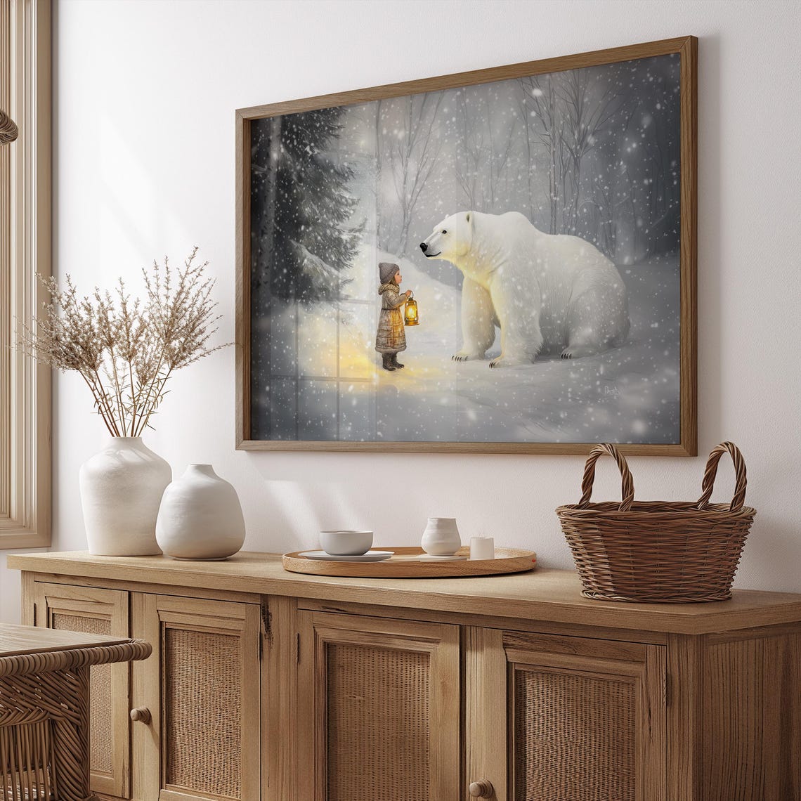 Little Girl With Lantern Meeting Polar Bear Snowy Forest Magic Print - Image 4