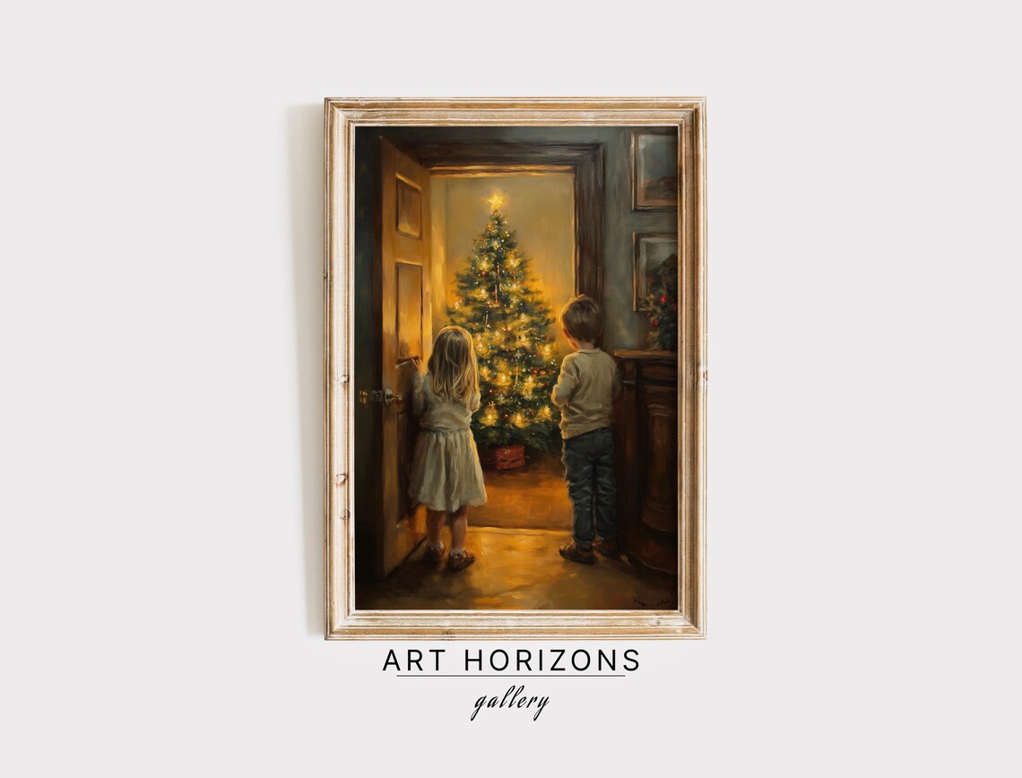 Two Children Peeking at Glowing Christmas Tree Doorway Art Print