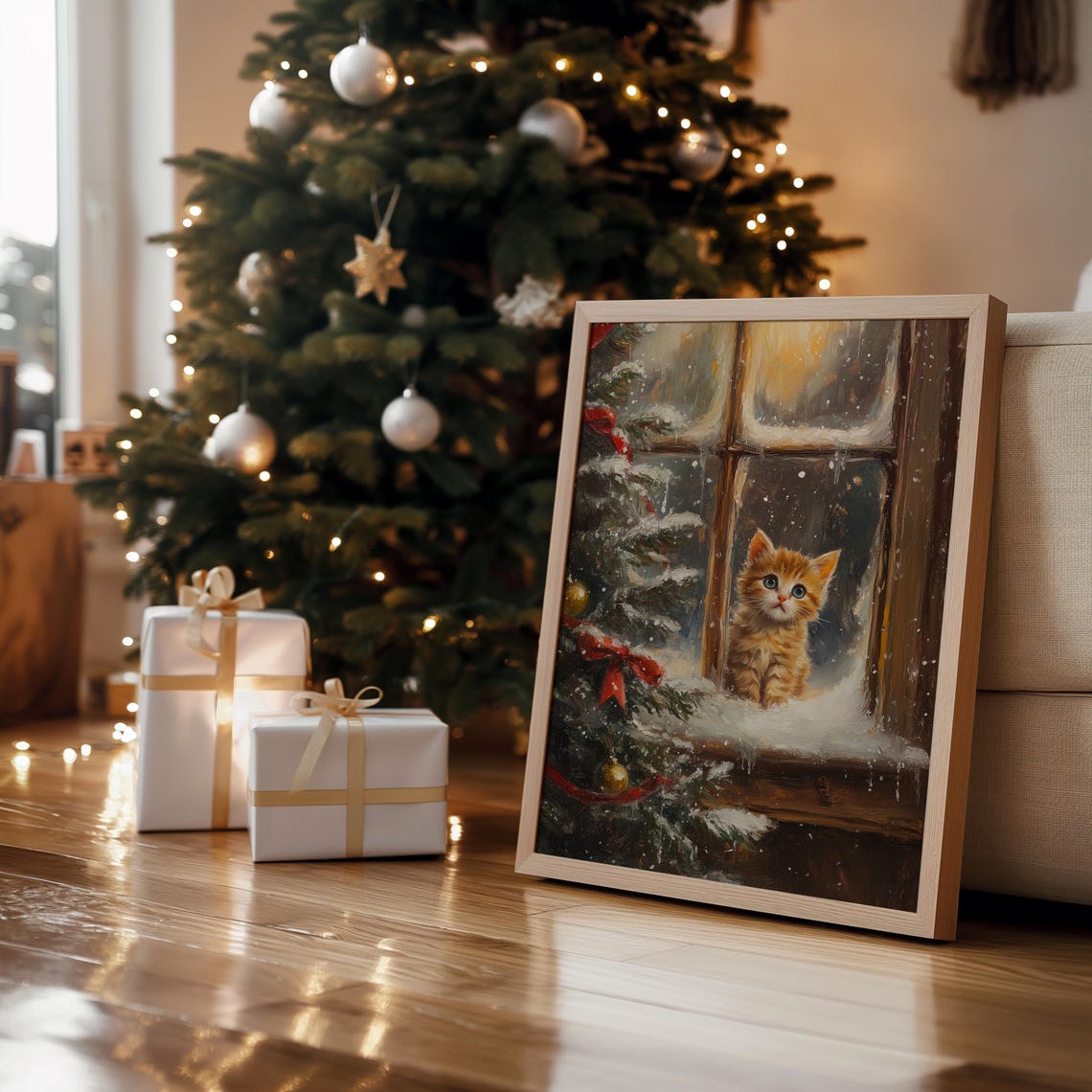 Orange Kitten Snowy Window Christmas Tree Vintage Cozy Wall Art Print - Image 3