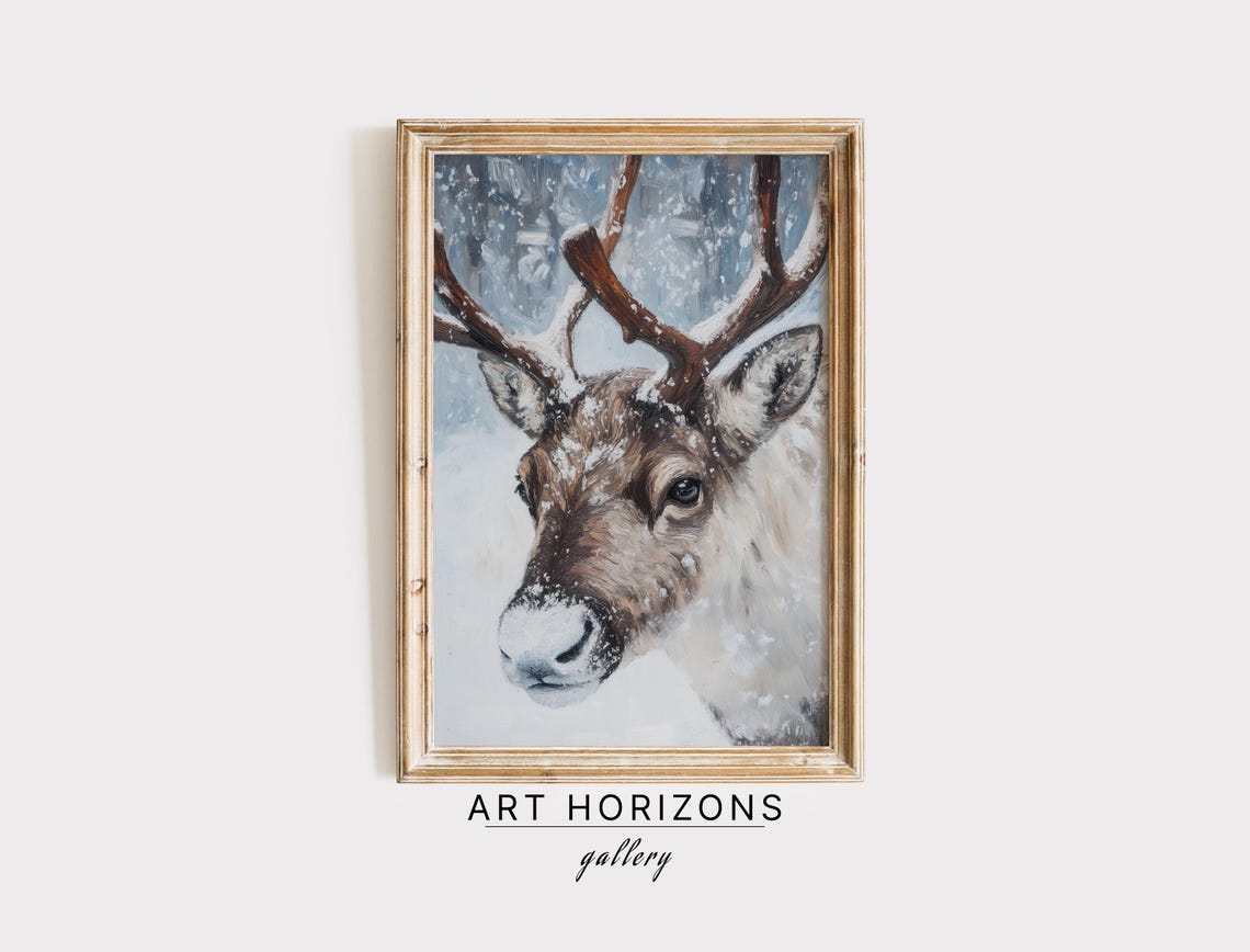 Vintage Deer In Winter Print Snowy Deer Print Farmhouse Christmas Wall Art Country Painting Wall Art Snowy Wall Art A125