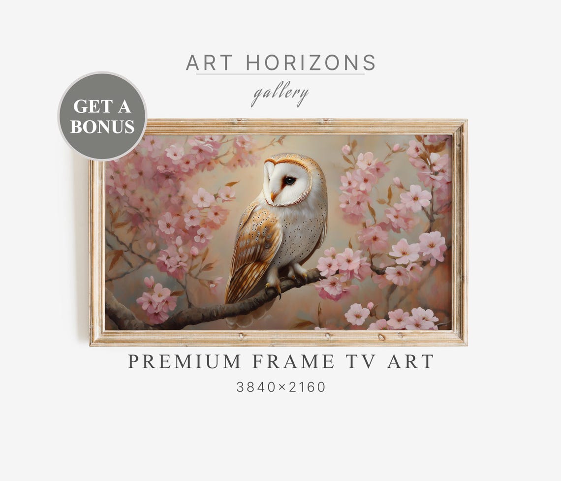 Barn Owl Pink Cherry Blossoms Spring Vintage Bird Painting Wall Poster